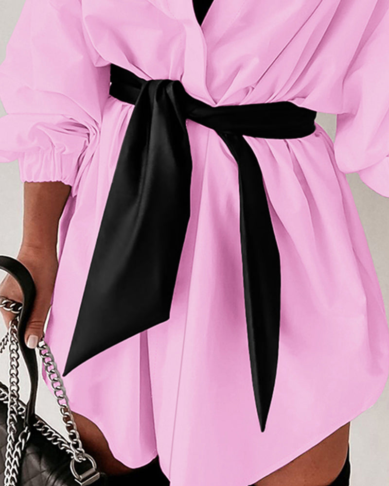 Turn-down Collar Long Sleeve Tied Detail Shirt Dress Mini Dress with Belt