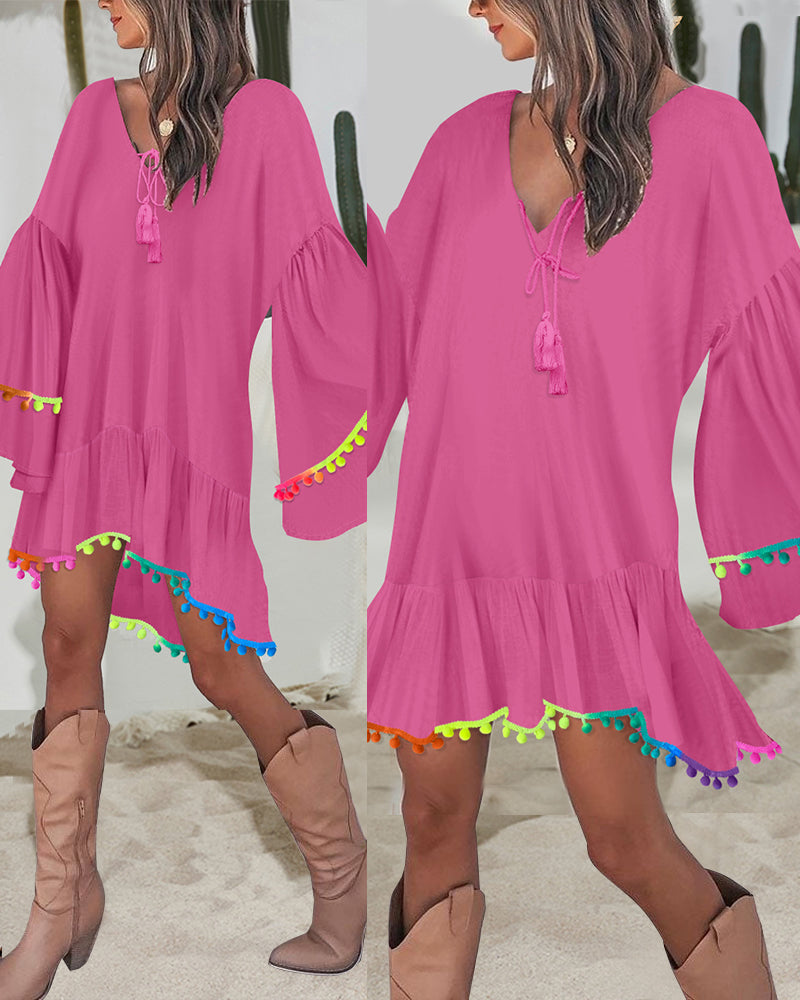 Colorblock V-Neck Bell Sleeve A Line Tassel Mini Dress Vacation Dress
