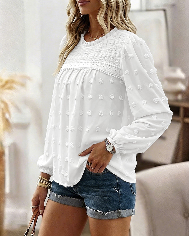 Women's French Style Chiffon Blouse Elegant Frill Trim Stand Collar Top Lantern Sleeve Lace Patchwork Jacquard Shirt
