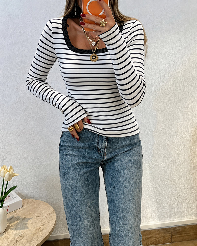 Women's Striped U-Neck Long Sleeve Top Contrast Trim Fitted T Shirt