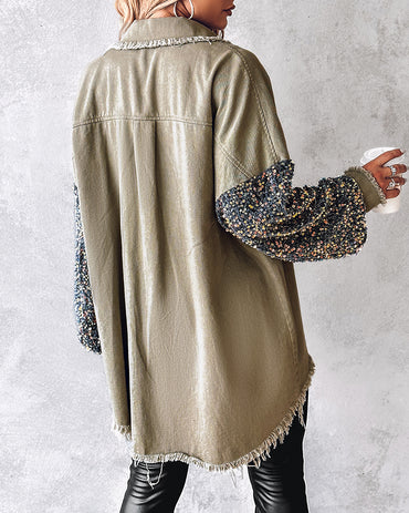 Casual Jacket Sequin Patchwork Long Sleeve Jacket Top Button Front Raw Hem Oversized Denim Shacket