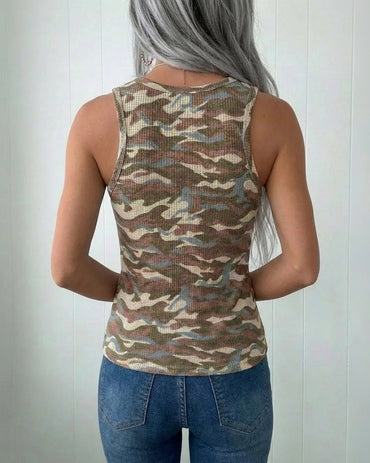 Vintage Camouflage Print Henley Sleeveless Racerback Tank Slim Fit Half Button Front Waffle Knit Tank Top