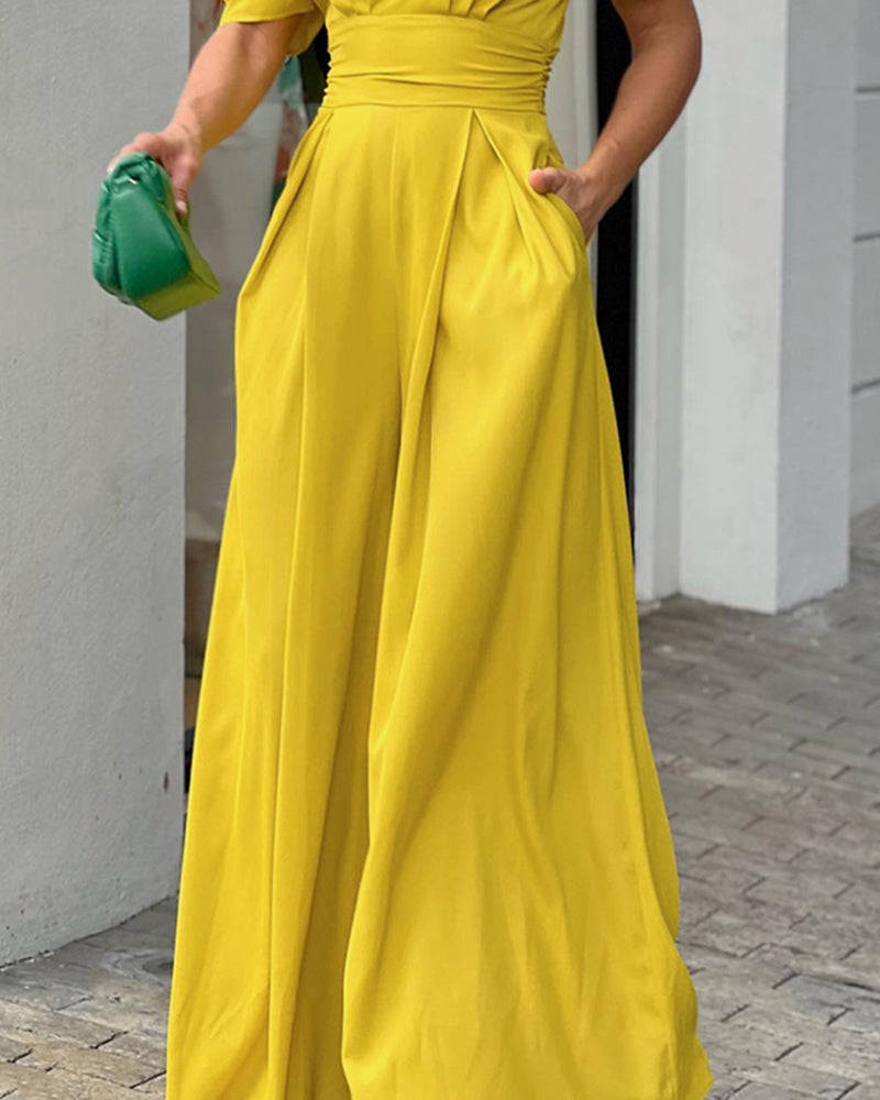 Puff Sleeve Plunge Wide Leg Jumpsuit