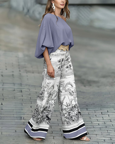 2 Pieces Outfit Skew Neck Batwing Sleeve Loose Fit Top and Plants Print Zipper Fly Colorblock Striped Trim Wide Leg Pants Set without Belt