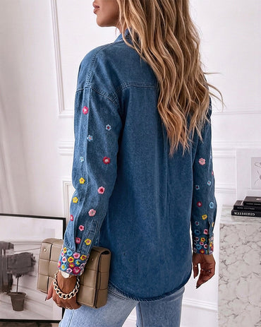 Women's Floral Embroidered Denim Jacket Colorful Button Down Jean Coat Casual Washed Shacket
