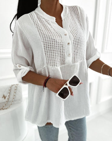 Notch Neck Roll Up Sleeve Lace Overlay Shirt Half Button Front Ruffle Hem Casual Top
