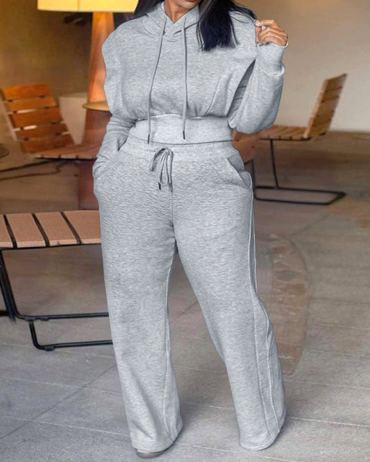 2 Pieces Outfit Long Sleeve Crop Drawstring Hoodie Sweatshirt With Thumb Hole Cuffs And Casual Drawstring Elastic Waist Wide Leg Sweatpants Set