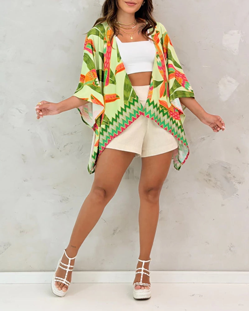 Allover Parrot Print Open Front Half Sleeve Cover-up Casual Hollow-out Back Loose Fit Cardigan