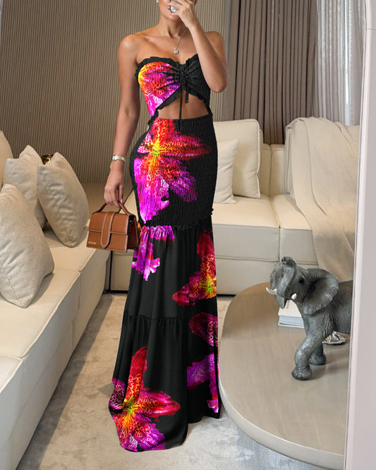 Floral Print Bandeau Sleeveless Shirred Hollow-out Maxi Dress
