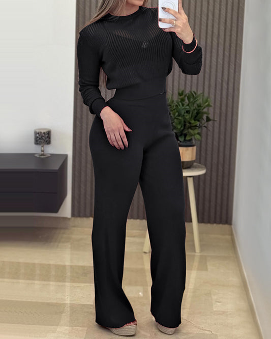 Round Neck Long Sleeve Vertical Pit Texture Top and Casual Wide Leg Pants Set