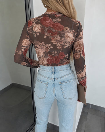 Women's Vintage Floral Print Sheer Mesh Top Long Sleeve Slim Fit Crewneck Layering Top with Thumb Hole Cuffs