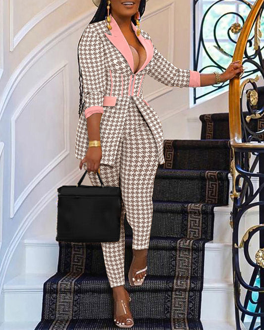 Houndstooth Print Notched Collar Zip Front Flap Detail Corset Slit Coat And Elastic Waist Slim Fit Pants Set Blazer Set