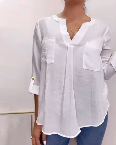 V-Neck Roll Up Sleeve Back Button Blouse Casual Top with Pocket