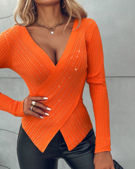 Rhinestone Decor Overlap V Neck Long Sleeve Knit Sweater Asymmetrical Hem Slim Fit Textured Pullover Top