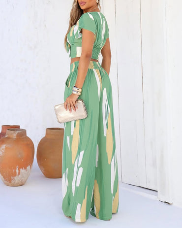 2 Pieces Outfit V Neck Petal Sleeve Tie Front Shirred Back Hem Crop Top and High Waist Elastic Back Waist Wide Leg Pants Set Casual Colorblock Abstract Print Set