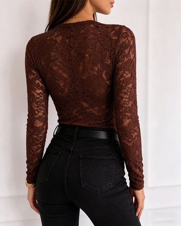 Women's Sexy Sheer Lace Top Long Sleeve O-Neck Slim Fit See-Through Elegant Blouse Base Layer Shirt