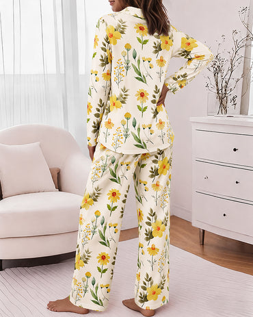 Women's Floral 2 Piece Pajamas Set Long Sleeve Button Down Notched Collar Top and Straight Leg Pants Casual Loungewear