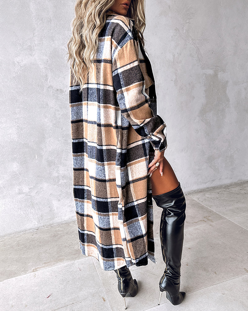 Plaid Print Buttoned Pocket Design Longline Coat