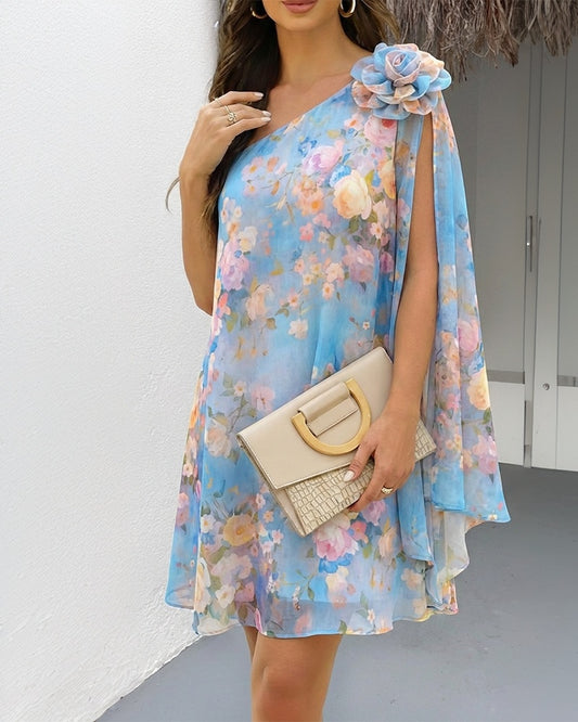 CHICME Women's Floral Print One-Shoulder Chiffon Dress 3D Floral Decor Split Sleeve Loose A-Line Mini Dress