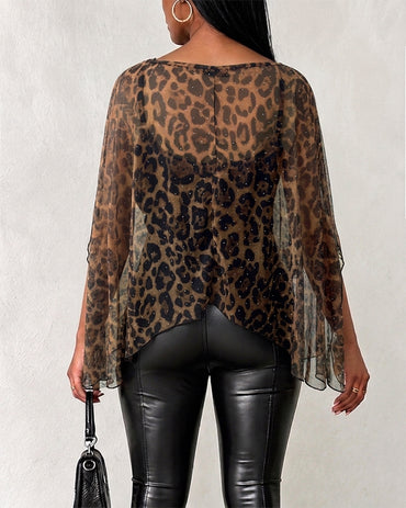 Ensemble 2 pièces femme avec cape ample en tulle transparent à imprimé léopard et strass et débardeur