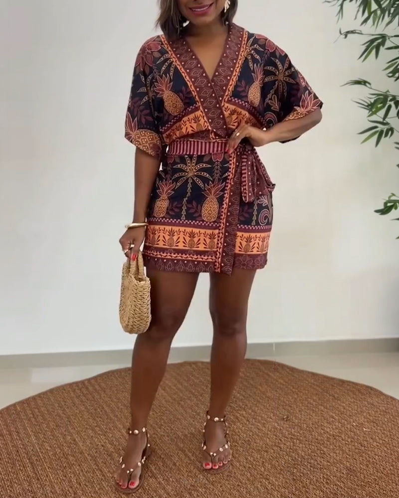 Women's Tropical Print Romper V Neck Wrap Knot Side Jumpsuit Half Sleeve Beach Vacation Summer Skorts Romper