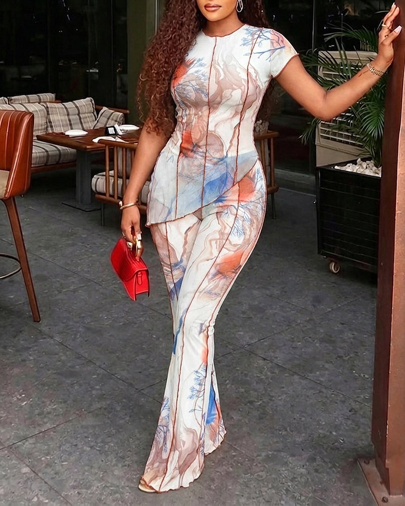 Women's 2 Piece Mesh Set Vintage Print Short Sleeve Top and High Waisted Flare Pants Set with Lining