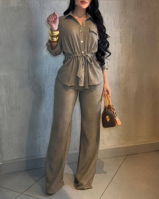 2 Pieces Outfit Vintage Turn-down Collar Roll Up Sleeve Button Front Flap Pocket Design Waist Drawstring Top and Elastic Waist Wide Leg Pants Set Casual Textured Commuting Set