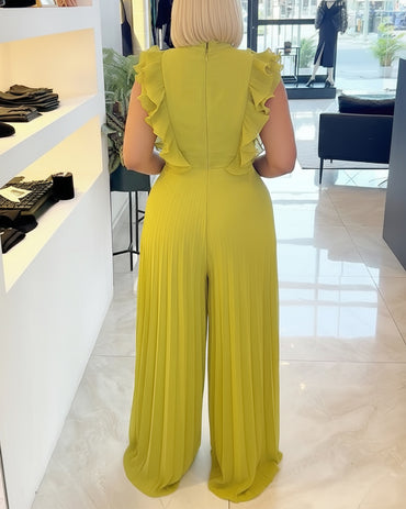 Ruffles Spliced V-Neck Sleeveless Button Front Pleated Overalls Casual Zipper Back Wide Leg Jumpsuit