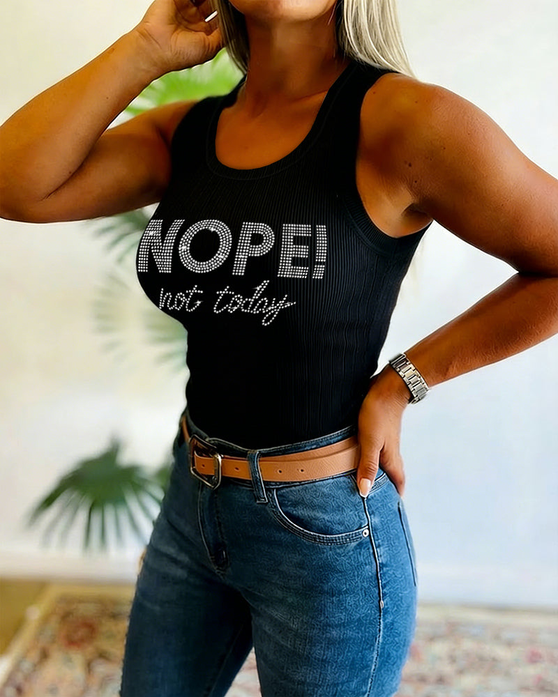 Women's Rhinestone Letter Pattern Ribbed Tank Top Slim Fit Sleeveless Top Y2K Aesthetic Streetwear Vest