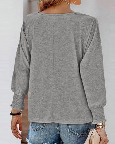 Round Neck Shirred Lantern Sleeve Long Sleeve Softy Basic T-Shirt Casual Tee