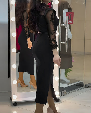 High Neck Long Sleeve Lace Pattern Mesh Patchwork Chic Zipper Mid-Calf Dress