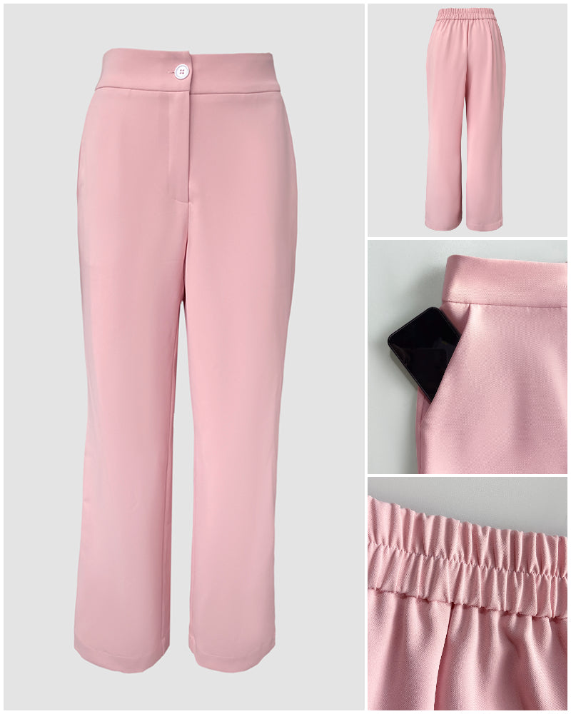 2 Pieces Outfit Metal Ring Decor Notched Collar Cinched Waist Wrap Front Coat and Zipper Fly Elastic Back Waist Pants Set Casual Blazer Set