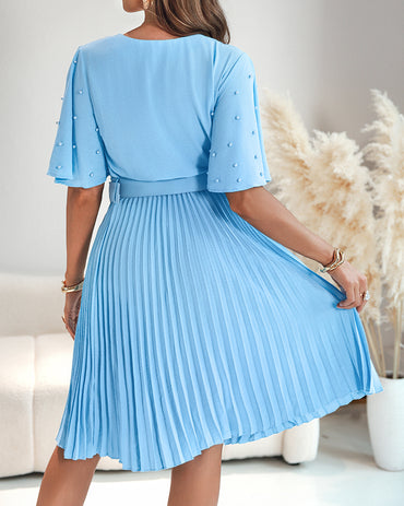 Pearls Decor Short Sleeve Cinched Waist Pleated Dress Elegant Butterfly Sleeve Midi Dress with Belt
