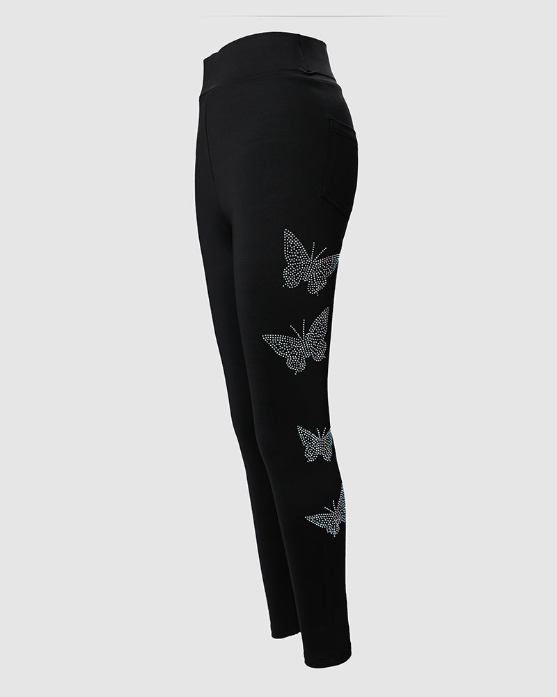 Rhinestone Butterfly Pattern High Waist Skinny Pants