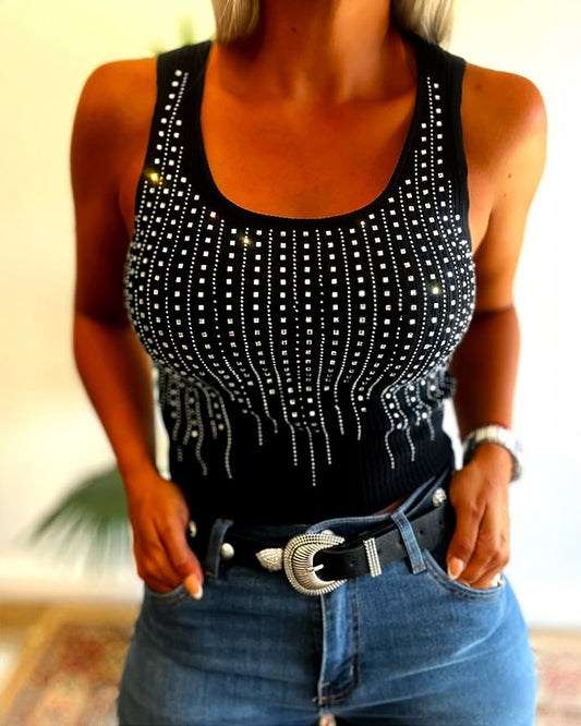 Rhinestone Decor U-Neck Sleeveless Tee Slim Fit Backless Ribbed Tank Top
