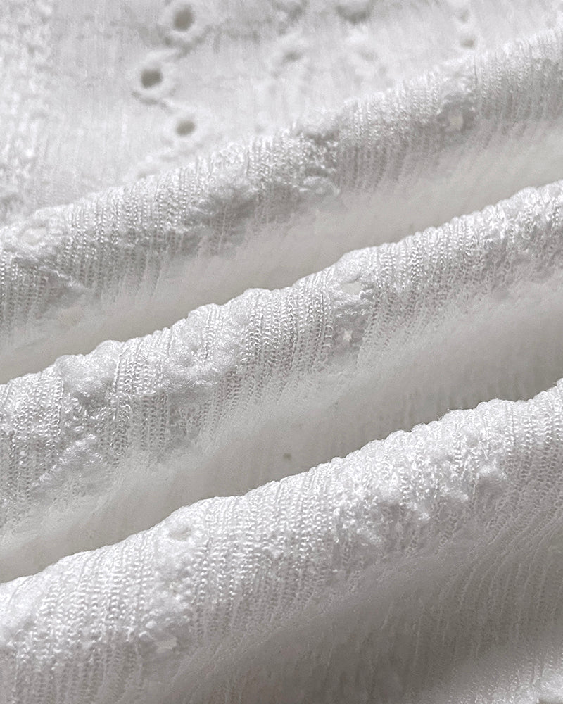 Jacquard Square Neck Puff Sleeve Eyelet Embroidery T-Shirt Long Sleeve Slim Fit Top