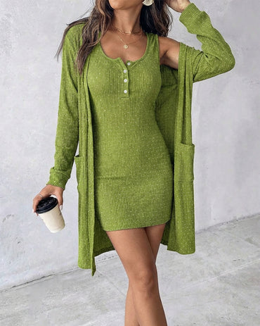 2 Pieces Outfit U-Neck Half Button Front Slim Fit Mini Tank Dress and Long Sleeve Pockets Design Cardigan Casual Rhinestone Decor Textured Set