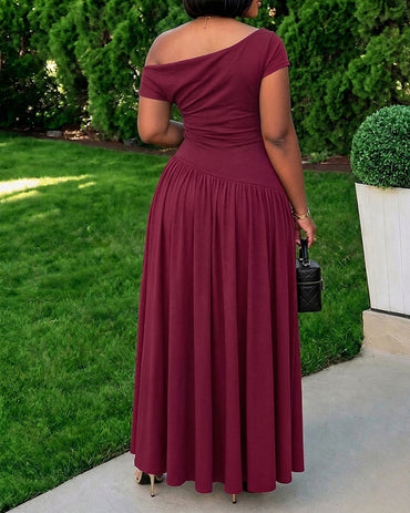Women's Cowl Neck Lace Spliced Maxi Dress Skew Neck Ruched A Line Dress