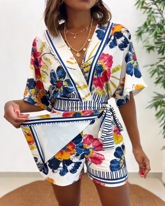 Women's Oil Painting Floral Print Romper V Neck Wrap Knot Side Jumpsuit Half Sleeve Beach Vacation Summer Skorts Romper
