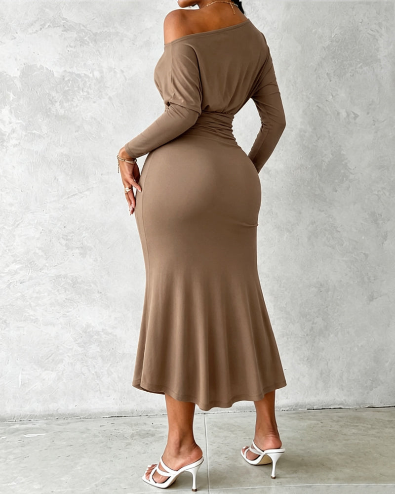 Women's Boat Neck Ruched Wrap Midi Dress Long Sleeve Slit Cocktail Dress