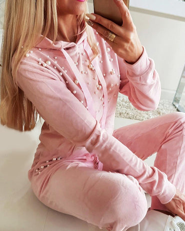 Beaded Hooded Top & Drawstring Pants Set