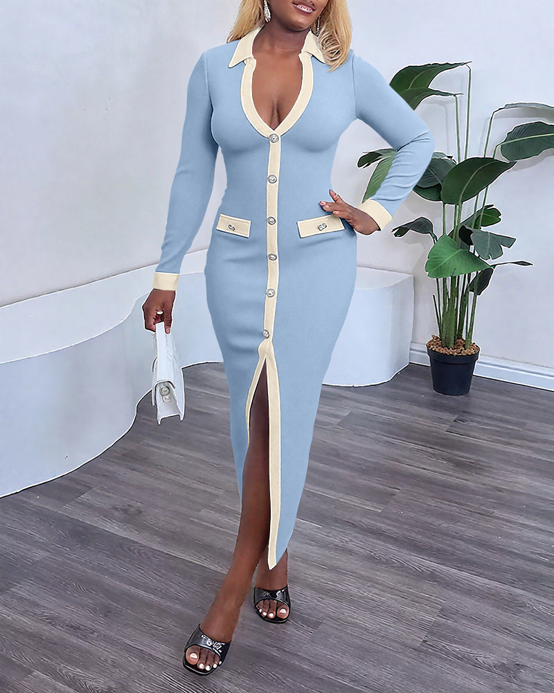 Pearls Button Decor Contrast Paneled Turn-down Collar Slit Front Dress Zipper Side Flap Detail Slim Fit Commuting Dress