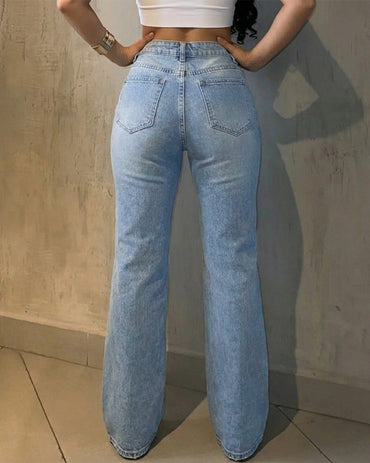Vaqueros femeninos acampanados con pedrería, de cintura alta, desgastados y rasgados, pantalones vaqueros retro de estilo urbano Y2K