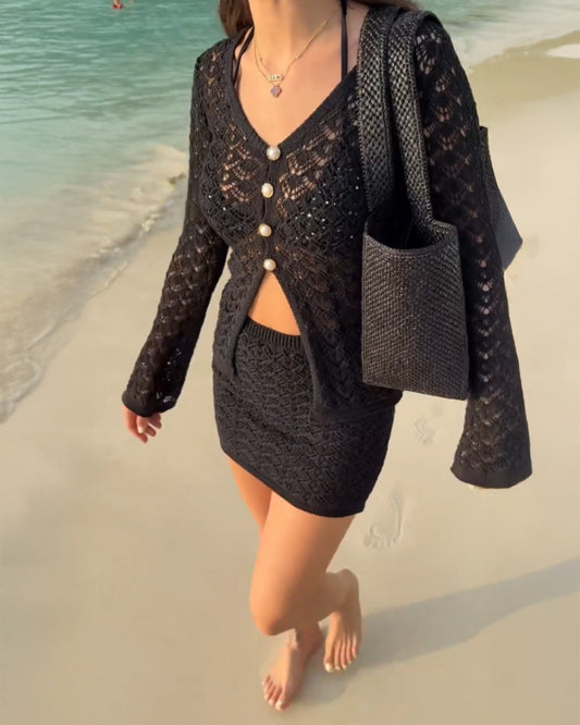 Conjunto de 2 piezas: top de punto ajustado con escote en V profundo, mangas acampanadas, botones delanteros de media perla y abertura, con falda de cintura elástica