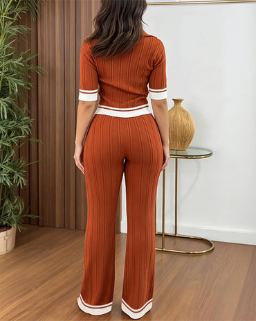 Women's Contrast Binding Two Piece Knit Set Short Sleeve Top and Drawstring Straight Leg Pants Casual Loungewear