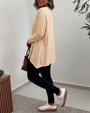 Women's Asymmetric Hem Long Sleeve Top Loose Fit Dropped Shoulder Crewneck Soft Slouchy Casual Tee