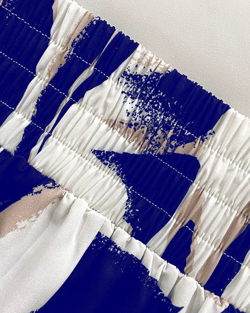 2 Pieces Outfit Ruched Overlap V Neck Three Quarters Sleeve Stretchy Back Hem Crop Blouse and Casual Vintage Floral Print High Waist Elastic Back Waist Wide Leg Pants Set