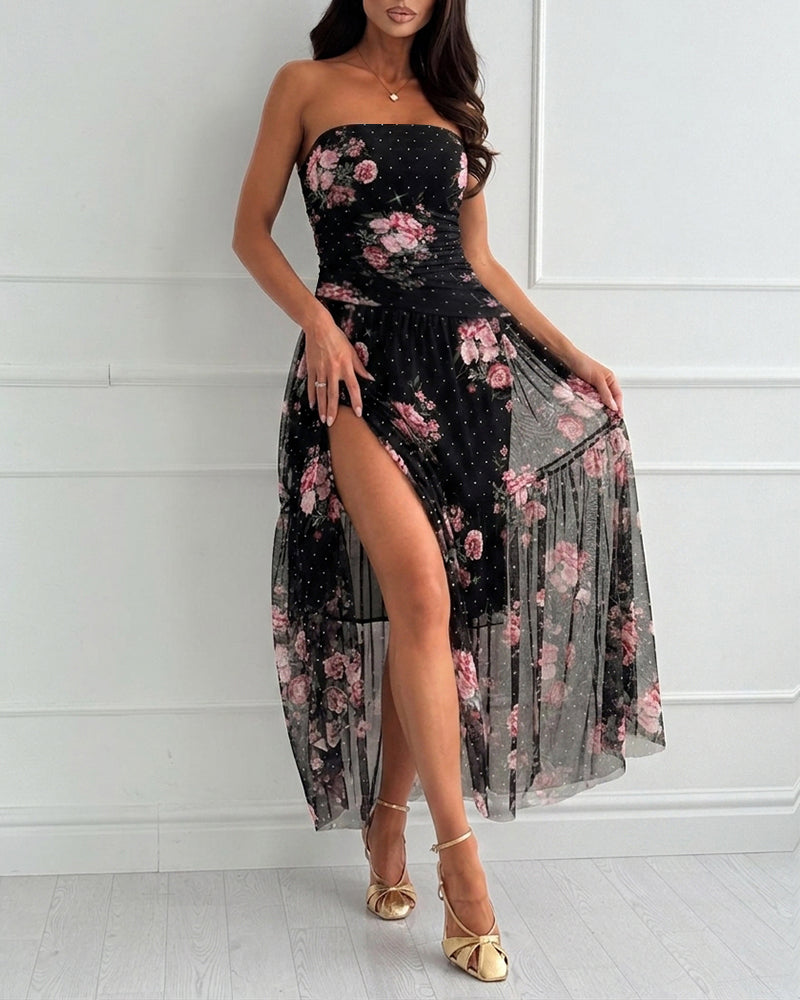 Women's Floral Strapless Mesh Dress Rhinestone Ruffle Hem Vacation Dress Cocktail Party Dress with Detachable Clear Straps