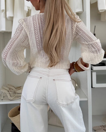 Women's V Neck Hollow Out Lace Shirt Sheer Mesh Lantern Long Sleeve Blouse Crochet Loose Casual Top