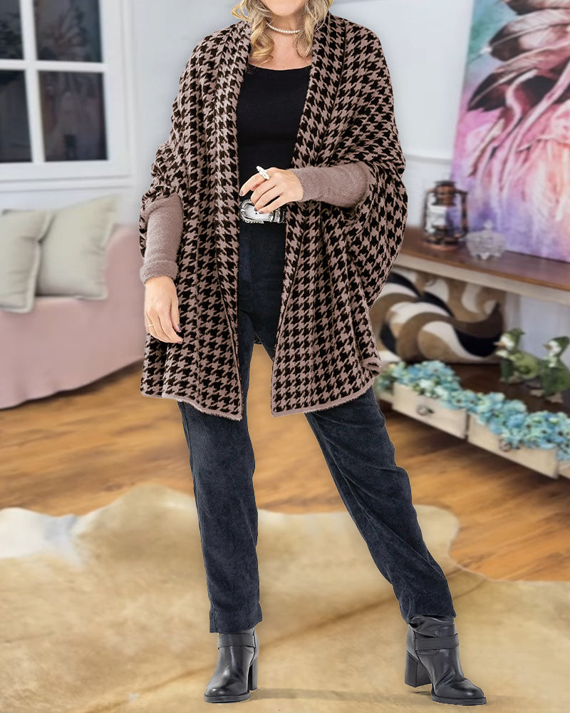 Houndstooth Print Versatile Loose Fit Sweater Coat Casual Warm Cape Shawl
